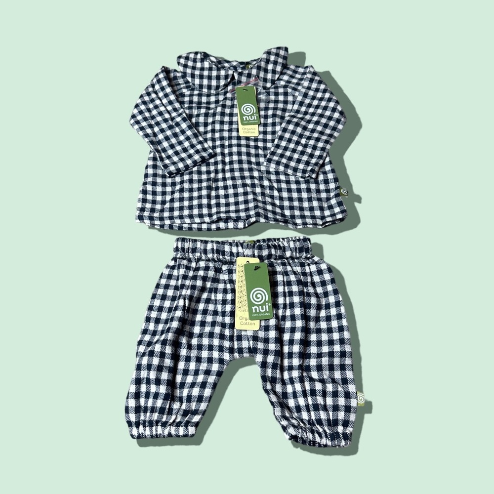 NWT Nui Baby Checkered Print Organic Cotton Two Piece Outfit Size 3-6 Months